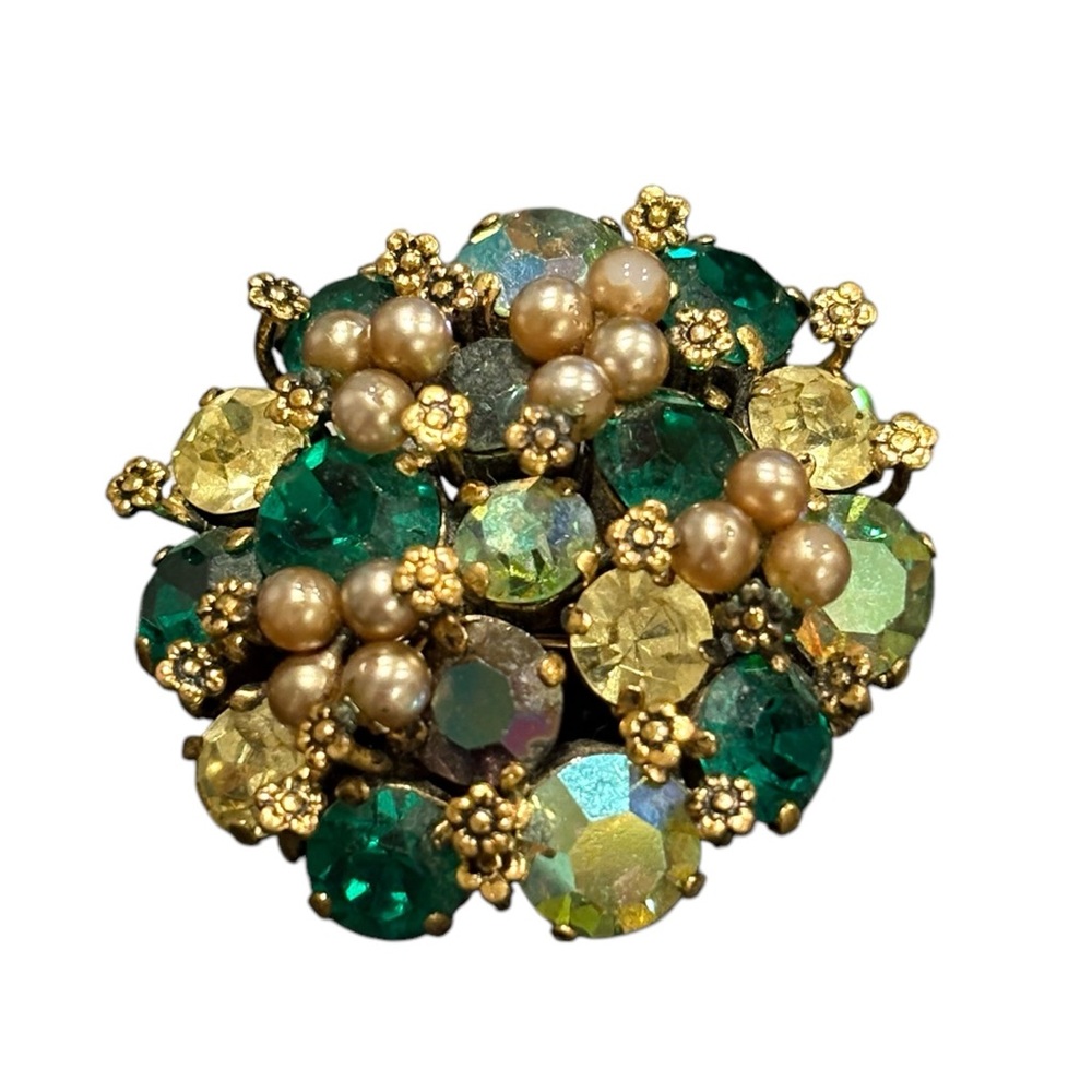 Vintage Green & Gold Round Brooch  Stamped Made in Austria circa 1950 JB5